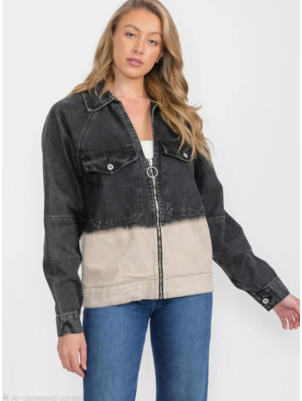 WOMEN'S LONG SLEEVE ZIP UP FRONT POCKETS GRAPHIC COLORBLOCK DENIM JACKET NWT